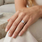 925 sterling silver round cut moissanite ring worn on hand